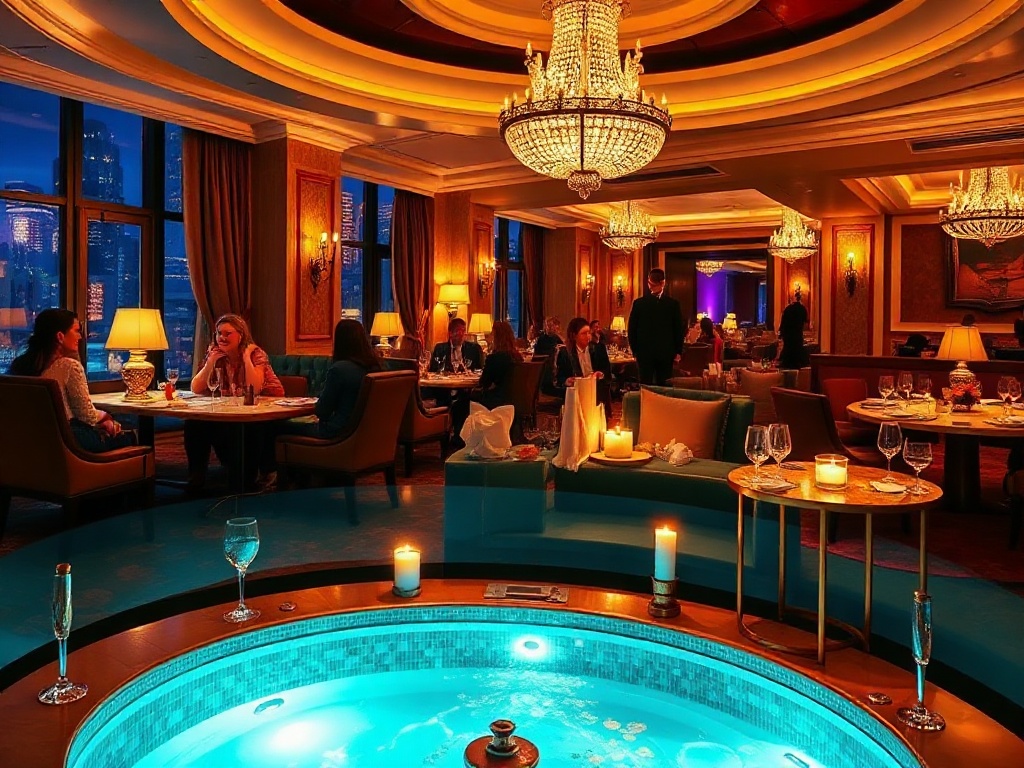A glamorous casino-hotel scene showing elegant guests smiling, a luxurious suite lounge, warm candlelit gourmet dining, and a tranquil spa corner, cinematic lighting, high-end mood." "You MUST not include ANY brand images or logos. You may ONLY reply with