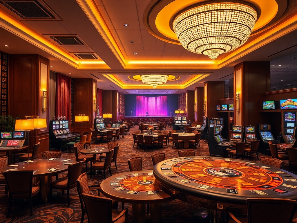 A luxurious casino hotel interior blending “cozy suite lounge” and “glowing gaming tables,” warm ambient light, elegant dining area, distant stage show glow, cinematic realism.