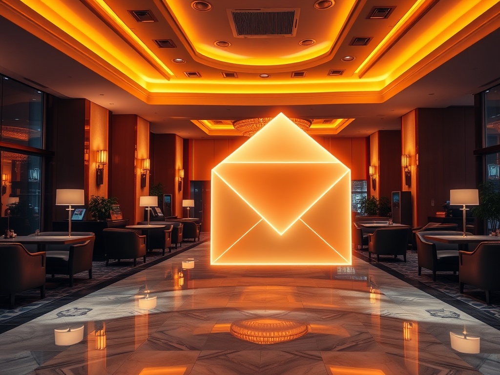 Modern casino hotel lobby at night, warm amber lighting, stylish seating, concierge-style hospitality, elegant newsletter concept with soft glowing envelope-like light, no text.