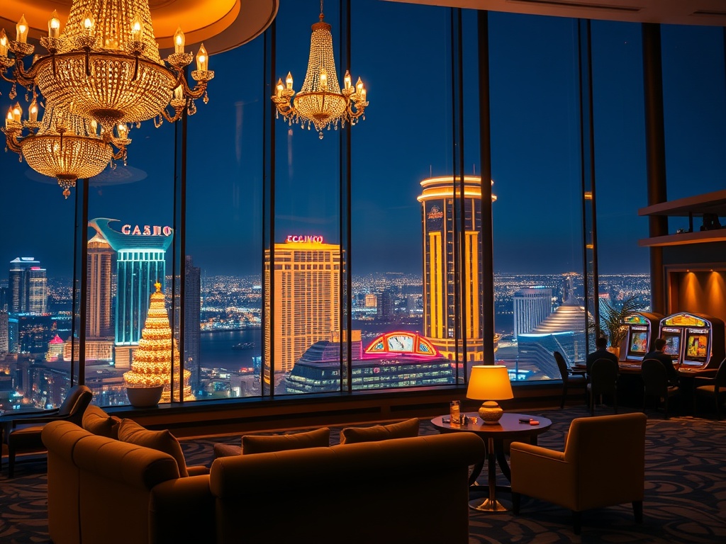Luxurious casino hotel hero scene, elegant chandelier-lit lounge merging with golden gaming lights, plush sofa, warm ambience, panoramic night city view, serene wellness glow, cinematic depth.
