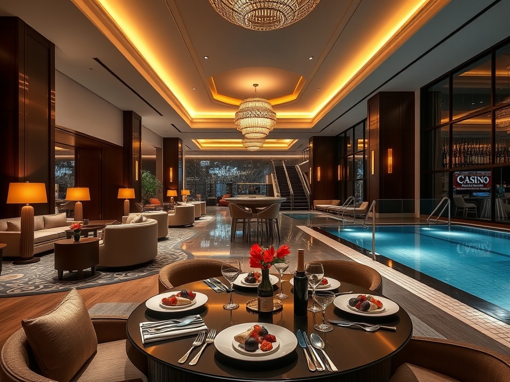 Modern casino hotel interior lobby, elegant sofas, warm lighting, gourmet dining table with plated dishes, serene spa pool in background, inviting atmosphere"