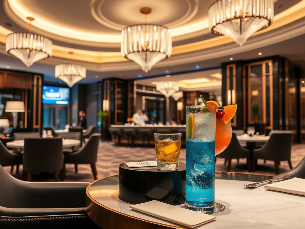 "luxury casino hotel lobby" with "warm concierge welcome" "premium dining table" "fresh wellness mineral water" "colorful health cocktail" "soft modern lighting"