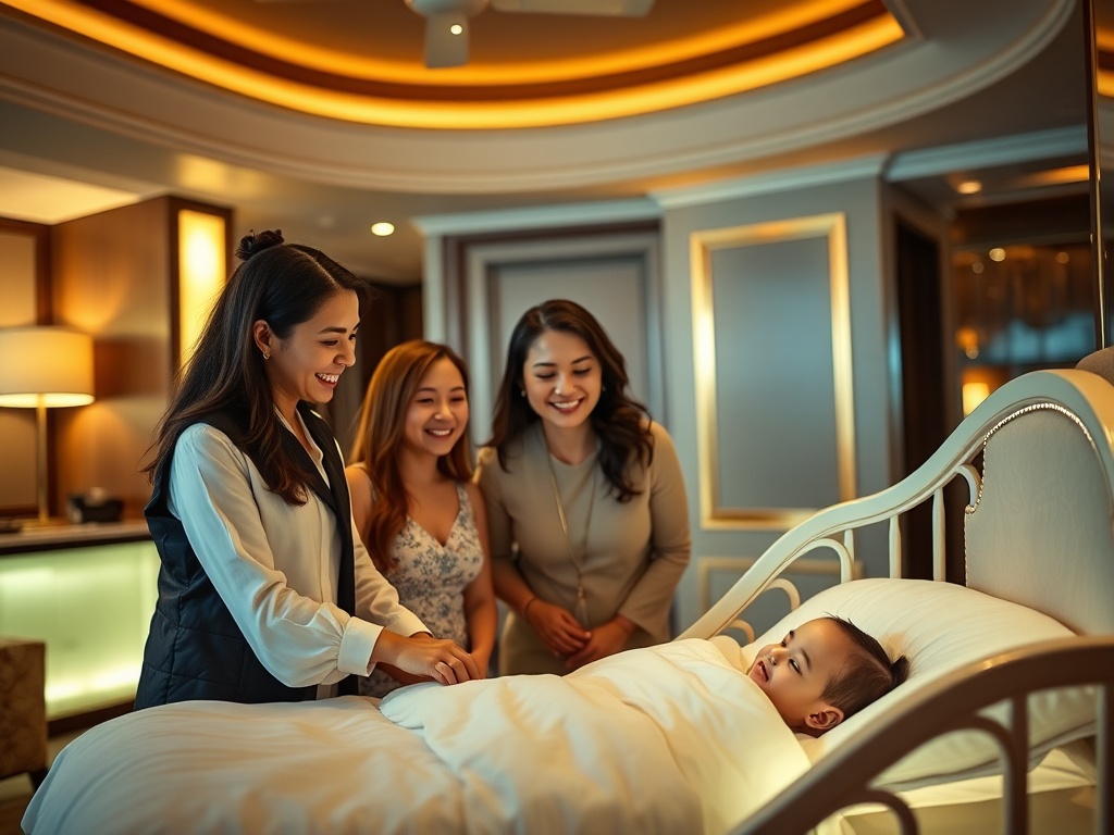 "luxury casino hotel suite" "attentive concierge guiding a family" "soft wellness spa glow" "happy parents smiling" "well-rested baby in cozy crib" "elegant ambient lighting"