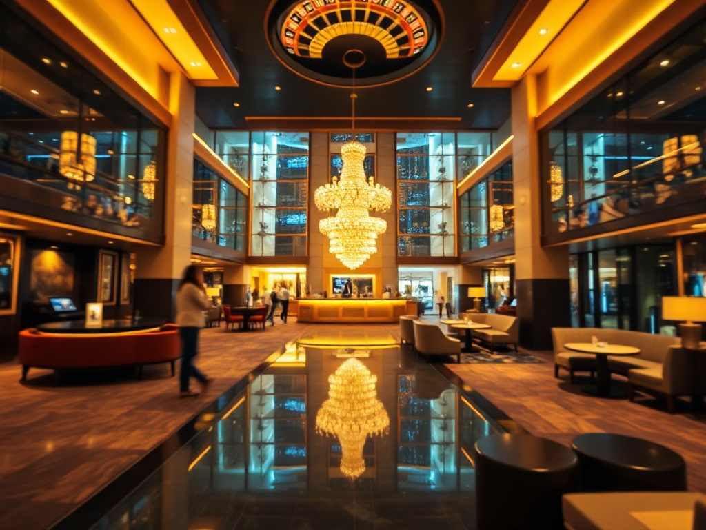A luxurious casino hotel lobby at night, warm golden lighting, elegant reception desk, stylish lounge seating, modern glass atrium, distant roulette-like ambiance, gourmet dining glow, inviting resort leisure area, cinematic depth of field. "