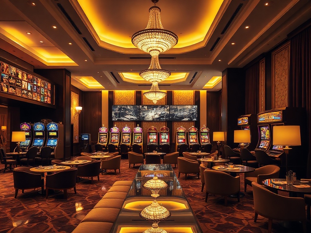 "Luxurious casino hotel lobby at night with warm lighting, elegant lounge seating, shimmering slot-like machines in background, gourmet ambiance, velvet curtains, calm concierge service" "
