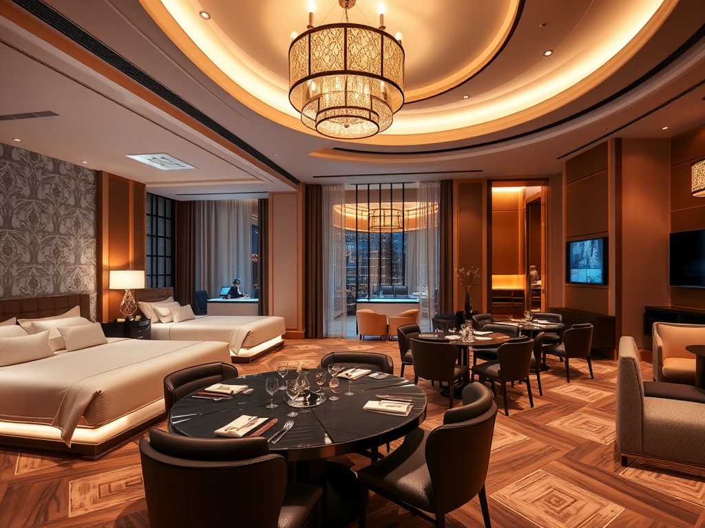"luxe contemporary casino hotel interior" "glowing suites" "wellness spa area" "gourmet dining table" "subtle gaming lights" "stylish social lounge" "warm inviting atmosphere" "soft cinematic lighting"