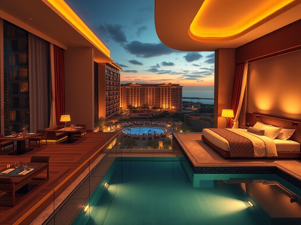 "Luxury casino hotel at dusk with warm ambient lighting, elegant suite balcony, plush beds, gourmet dining glow, resort spa pool reflections, serene hospitality mood" "high-end interior" "cinematic wide shot" "ultra-detailed"