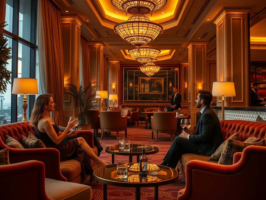 "luxury casino hotel lounge at golden hour, elegant couples chatting, smiling concierge, soft velvet sofas, warm lights, subtle casino ambience, wellness scent mood, cinematic."