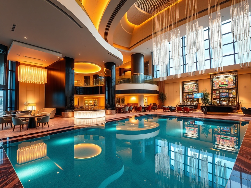 Modern casino hotel resort scene, elegant lobby, stylish suites glimpsed, warm gourmet dining lighting, serene wellness spa pool, vibrant entertainment lounge, inviting atmosphere, wide-angle.