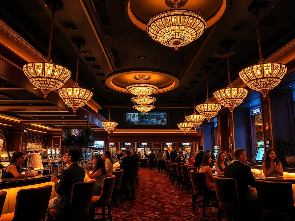 A glamorous casino hotel lounge at night, warm golden lights, elegant guests smiling, velvet seating, sparkling bar, subtle entertainment ambiance.