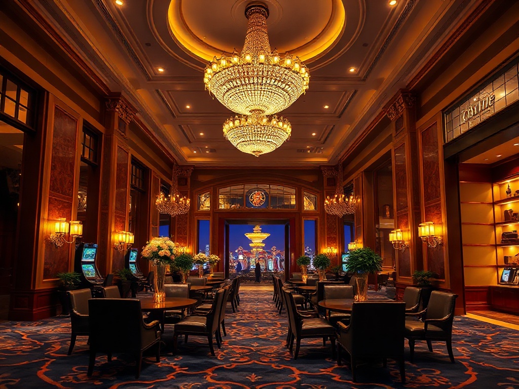 Luxurious casino hotel lobby at night, warm chandeliers, elegant seating, panoramic view to glowing casino lights, plush suite doorway, soft gold lighting.