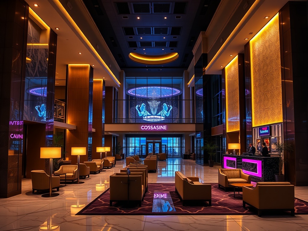 "Modern casino hotel lobby at dusk, warm ambient lighting, elegant seating, marble and glass, subtle neon reflections, smiling concierge, inviting resort vibe"