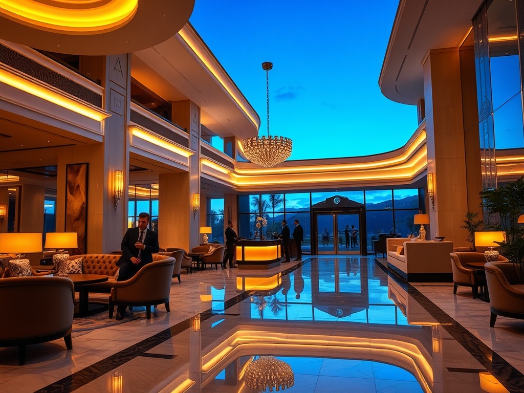 A modern casino hotel lobby lounge at dusk, warm ambient lighting, elegant guests, attentive concierge gesture, polished marble, plush seating, soft reflections." "You MUST not include ANY brand images or logos. You may ONLY reply with the format given. I