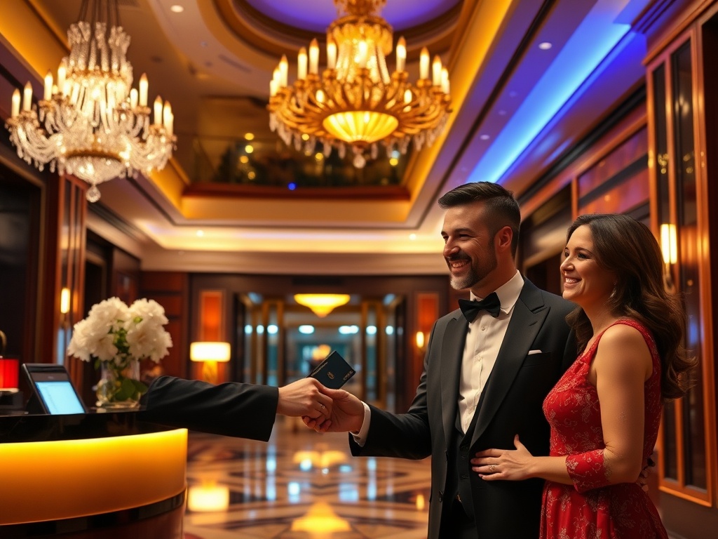 "luxury casino hotel lobby at night" "glowing chandelier" "golden light reflections" "concierge handing a welcome keycard" "elegant couple smiling"