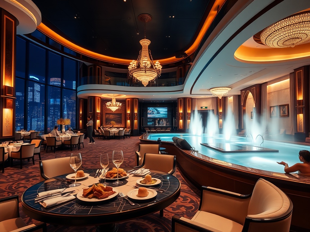 "luxury casino hotel lobby at night with warm lighting, elegant dining table with gourmet plates, spa pool steam, relaxed guests, plush seating" "You MUST not include ANY brand images or logos. You may ONLY reply with the format given."