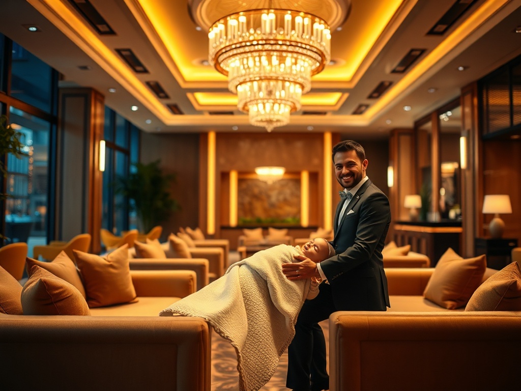 "Luxurious hotel lobby at night, warm golden lighting, elegant sofas, attentive concierge with baby blanket, soft wellness ambience, smiling parents, tranquil atmosphere, shallow depth"