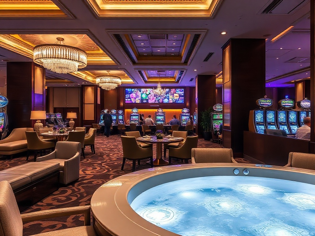 "Luxurious casino hotel interior with warm ambient lighting, elegant seating lounge, shimmering gaming area in background, gourmet dining table, spa-style relaxation corner, inviting atmosphere." " "You MUST not include ANY brand images or logos. " "You m