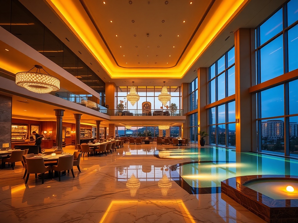 Modern casino hotel lobby at dusk, warm golden lighting, elegant lounge, marble floors, panoramic windows, chef-presented gourmet dining, serene spa pool glow, tasteful luxury atmosphere.