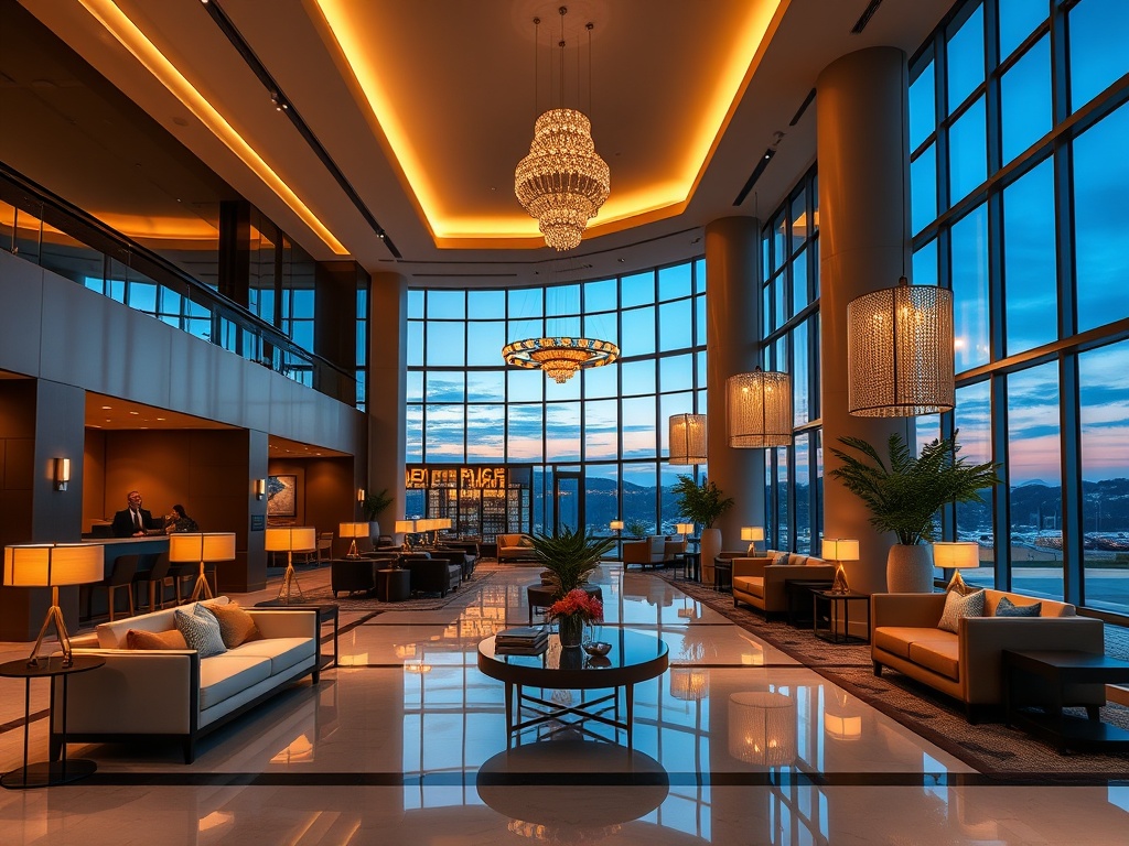 "Modern luxury casino hotel lobby at dusk, warm lighting, elegant sofas, concierge welcoming gesture, glimpse of stylish rooms and serene wellness glow, inviting resort ambiance"