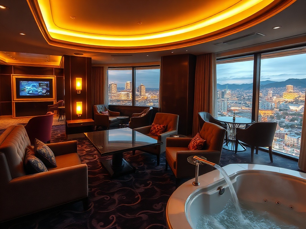 Luxurious hotel suite interior with velvet seating, warm ambient lighting, panoramic window glow, subtle gaming lights outside, elegant dining table, serene spa steam.