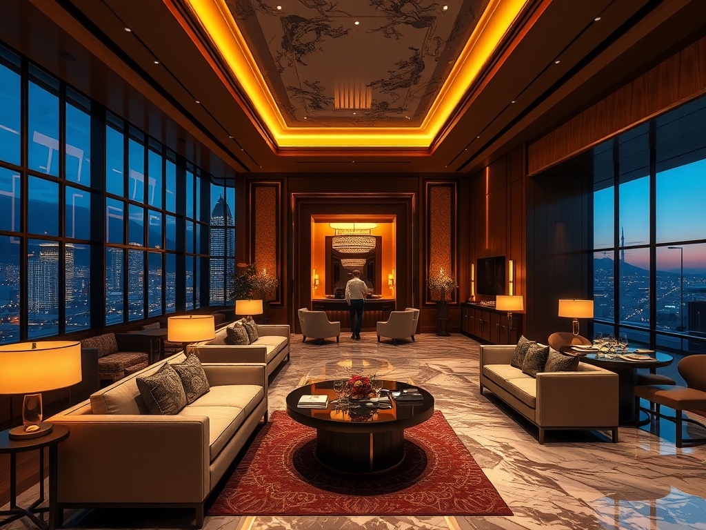 Modern casino hotel lobby lounge at dusk, warm ambient lighting, elegant sofas, marble and wood textures, panoramic city lights, concierge-style hospitality, gourmet dining table, serene wellness doorway ambiance, cinematic ultra-realistic style