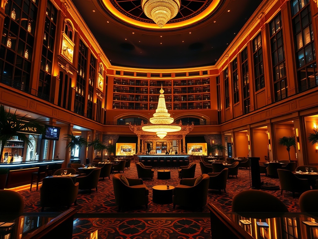"luxury casino hotel at night, warm golden lighting, elegant lobby with velvet lounges, sparkling bar, inviting spa glow, gourmet dining ambience, lively atmosphere, cinematic depth"