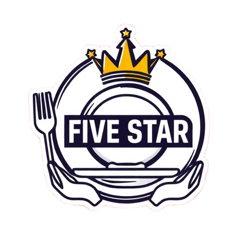 Carefully describe an image in great detail that needs to be generate, use quotes to split visual things, with "five star" "premium dining" "personal service" showing a stylized hotel-casino resort emblem