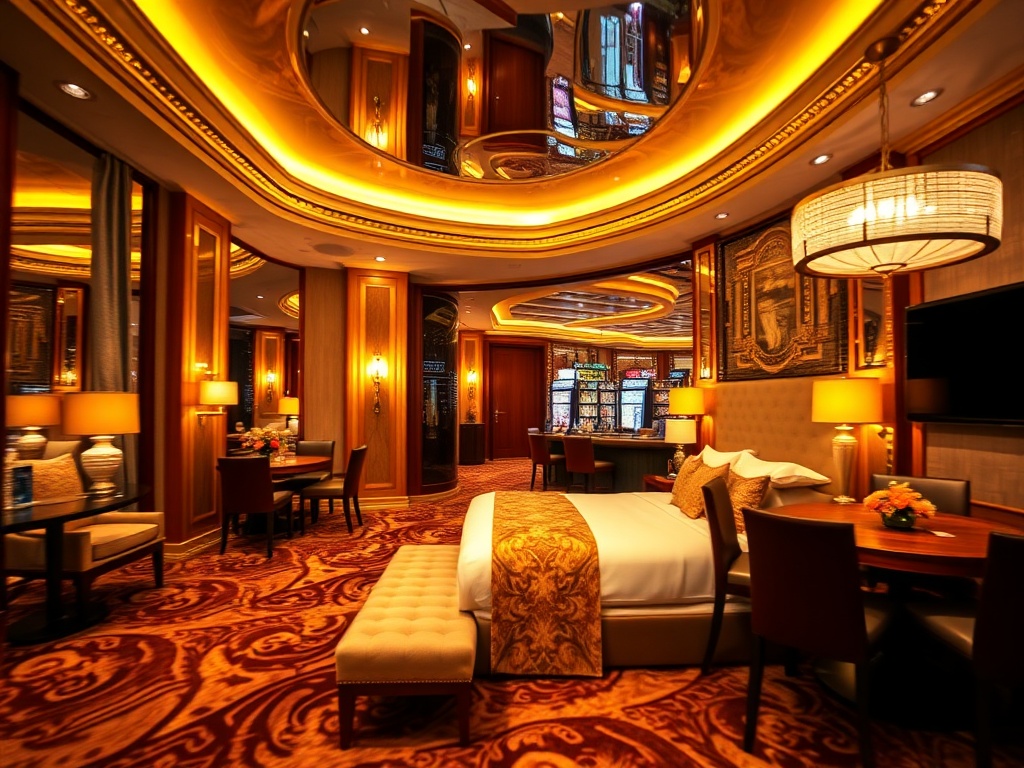 "Luxury casino hotel interior" "elegant suite bedroom with plush bed" "warm ambient lighting" "gourmet dining table" "stylish lounge" "casino lights and soft motion blur" "inviting atmosphere"