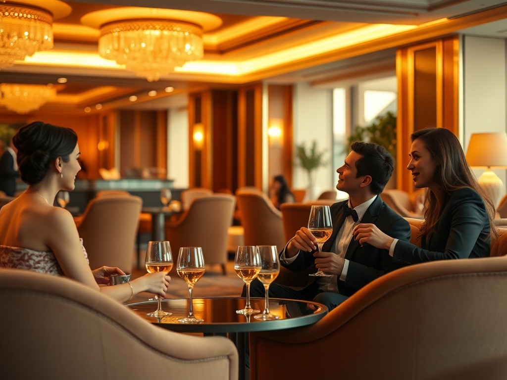 "luxury casino hotel lounge at golden hour, elegant couples chatting, smiling concierge, soft velvet sofas, warm lights, subtle casino ambience, wellness scent mood, cinematic."