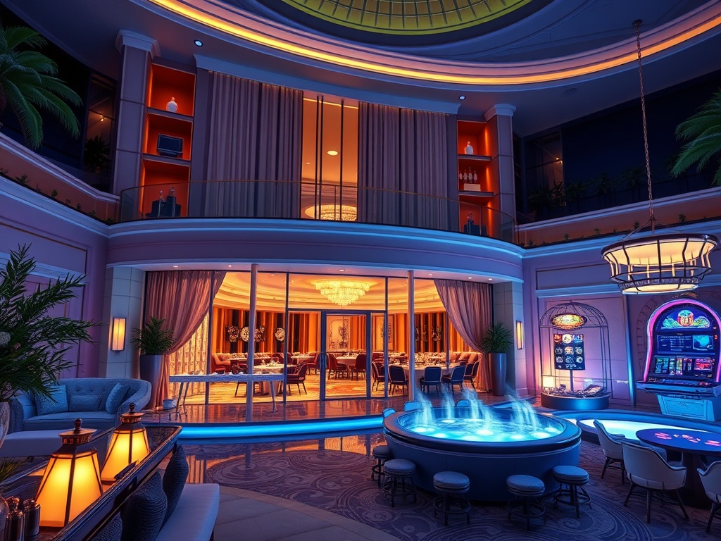 An elegant luxury casino hotel resort scene with a glowing entrance, spacious suite balcony, gourmet dining ambiance, modern spa steam, and tasteful gaming lights.