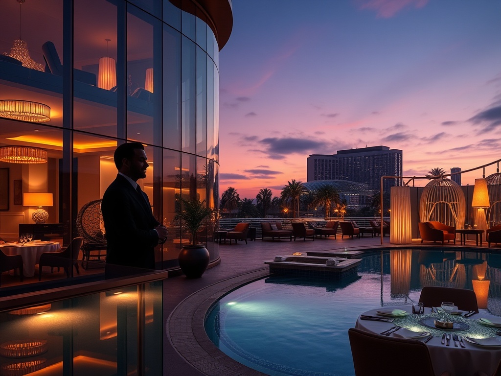 "Modern casino hotel resort at dusk, elegant interiors visible through glass, glowing lamps, smiling guest concierge silhouette, gourmet dining table, serene wellness pool, cinematic lighting." "No text, no logos."