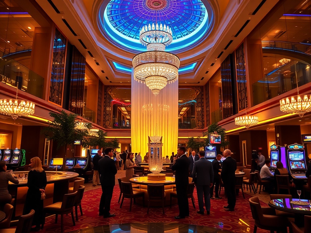 A luxurious casino hotel lobby merging “wellness spa glow” with “vibrant evening lights”, guests in elegant attire, cocktail lounge and gaming area, warm cinematic lighting.
