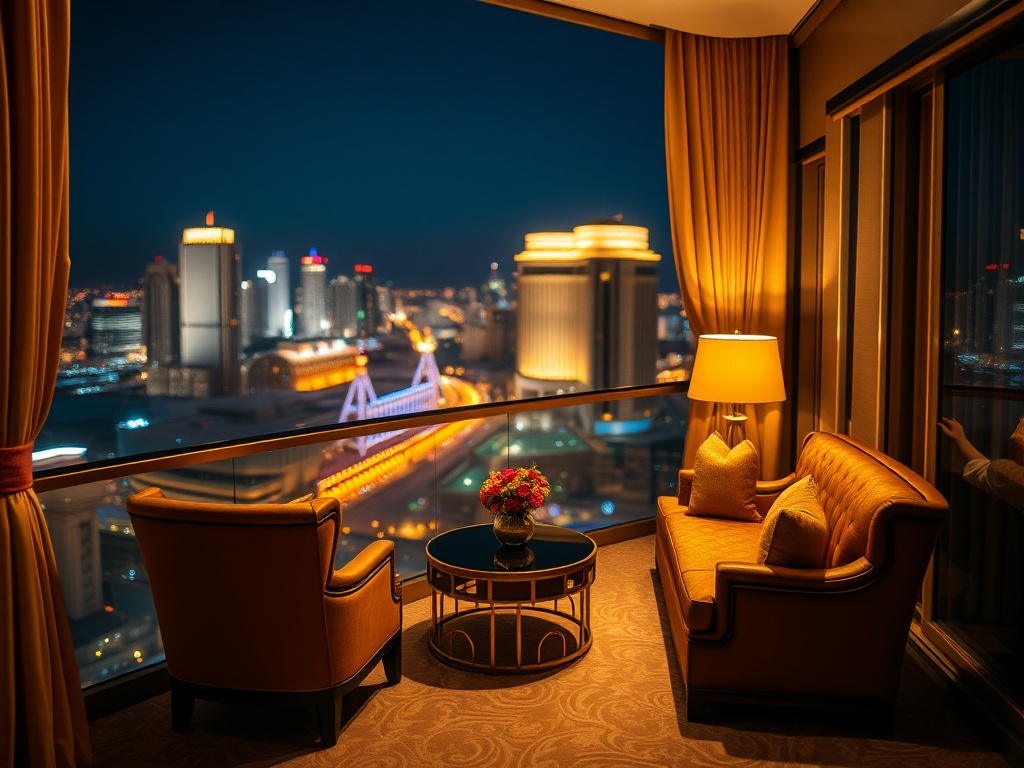 A luxurious casino hotel suite balcony at night, "golden warm lighting", "elegant plush seating", "city skyline bokeh", "subtle casino glow", "silk curtains", "inviting ambiance".