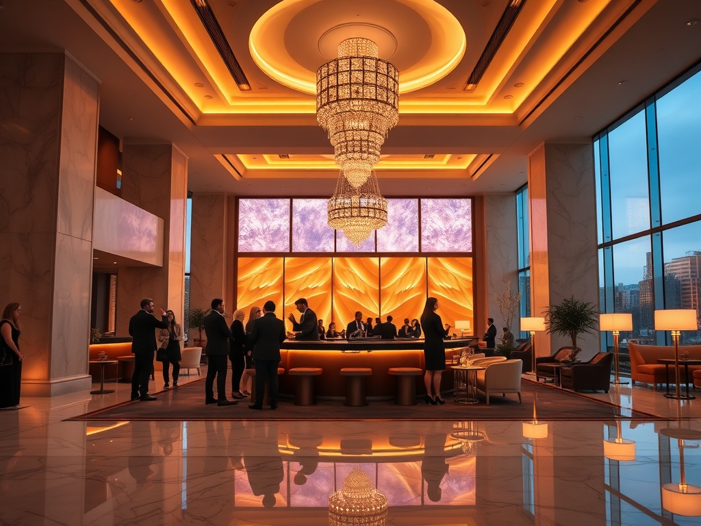A modern casino hotel lobby lounge at dusk, warm ambient lighting, elegant guests, attentive concierge gesture, polished marble, plush seating, soft reflections." "You MUST not include ANY brand images or logos. You may ONLY reply with the format given. I