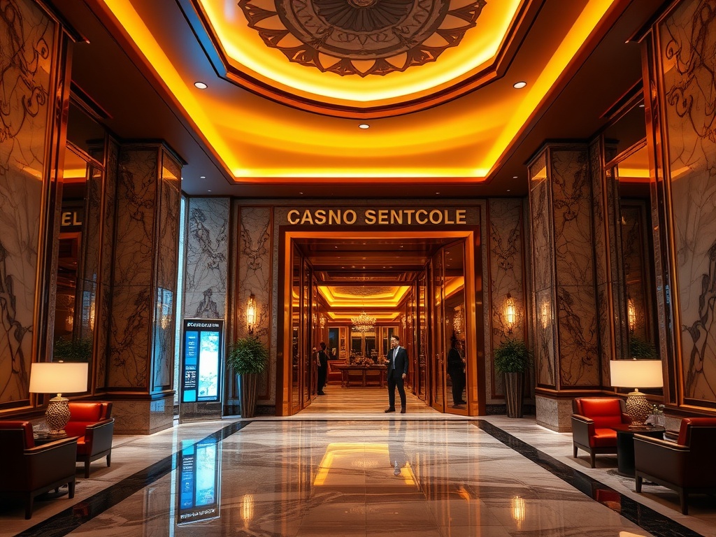 "luxury casino hotel entrance with warm golden lighting, elegant marble interior, concierge-like staff welcoming guests, stylish lounge seating, inviting serene ambiance"