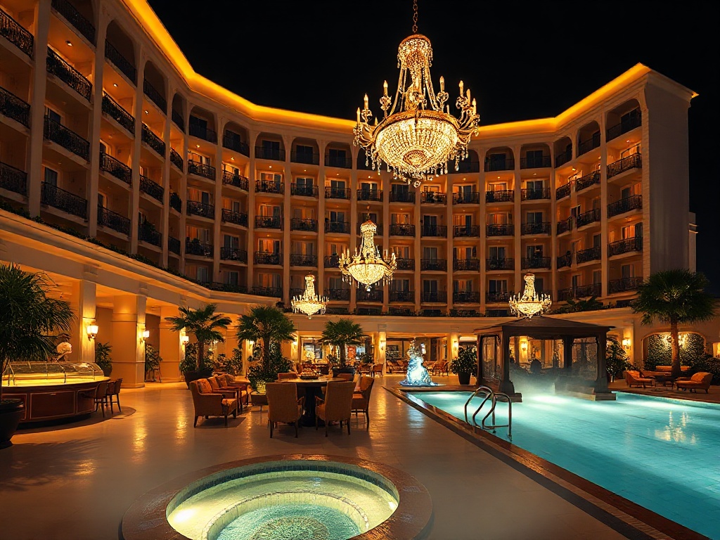 "luxury casino hotel resort at night" "warm golden lighting" "elegant facade" "glittering chandelier lobby" "poolside lounge" "soft spa steam" "smiling concierge silhouette"