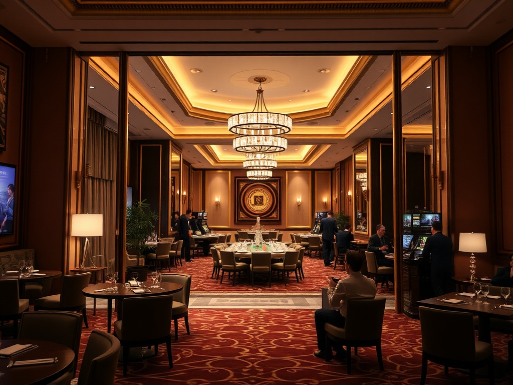 A contemporary luxury casino hotel scene, elegant suite lounge opening to a gourmet dining area, warm ambient lighting, subtle gaming atmosphere, guests relaxing.