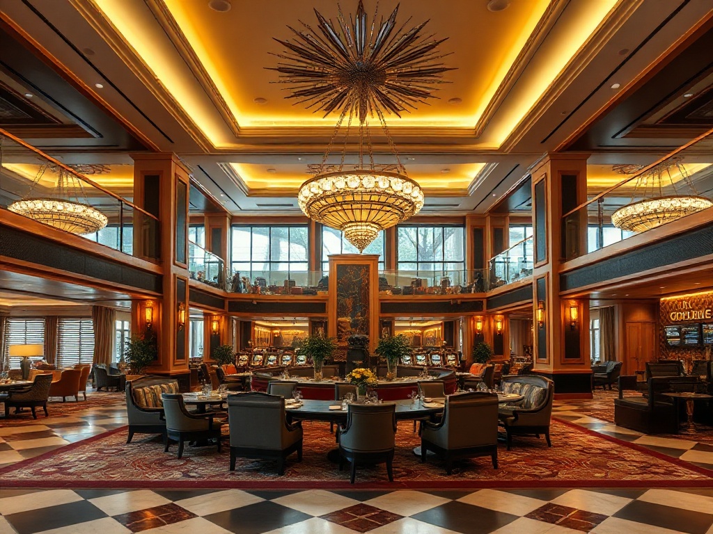 A luxurious casino hotel lobby with warm golden lighting, elegant seating, expansive suites glimpsed, gourmet dining setting, serene spa ambiance, refined hospitality details.