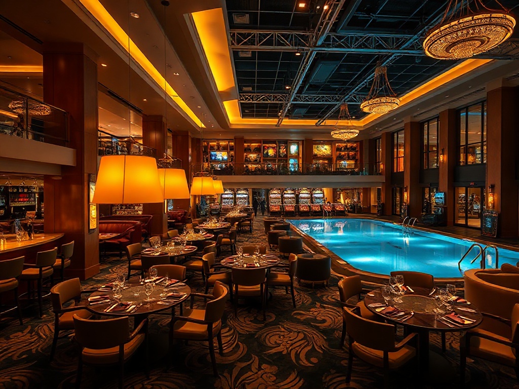 A luxurious casino hotel interior at golden hour, elegant guest lounge, gourmet dining tables, shimmering bar lights, subtle gaming ambience, modern leisure pool, warm attentive staff, cinematic depth. "