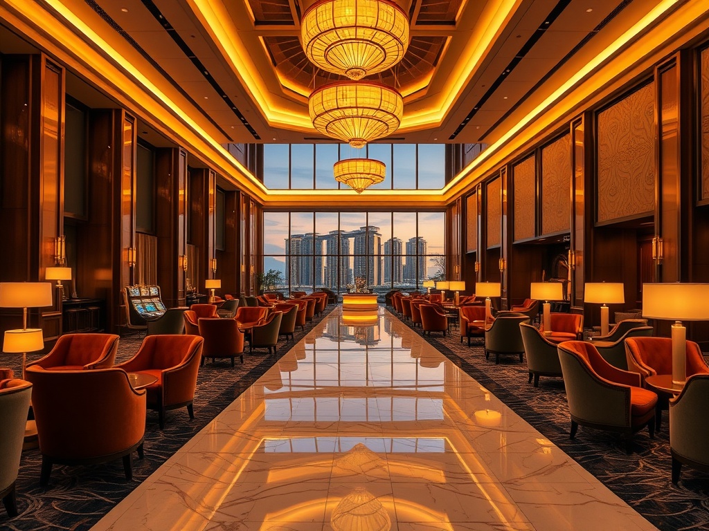 "Modern casino hotel lobby at dusk, warm golden lighting, elegant furnishings, velvet lounge chairs, marble floors, soft reflections, welcoming atmosphere, distant skyline glow." "No people, high-end resort luxury vibe, cinematic wide-angle."
