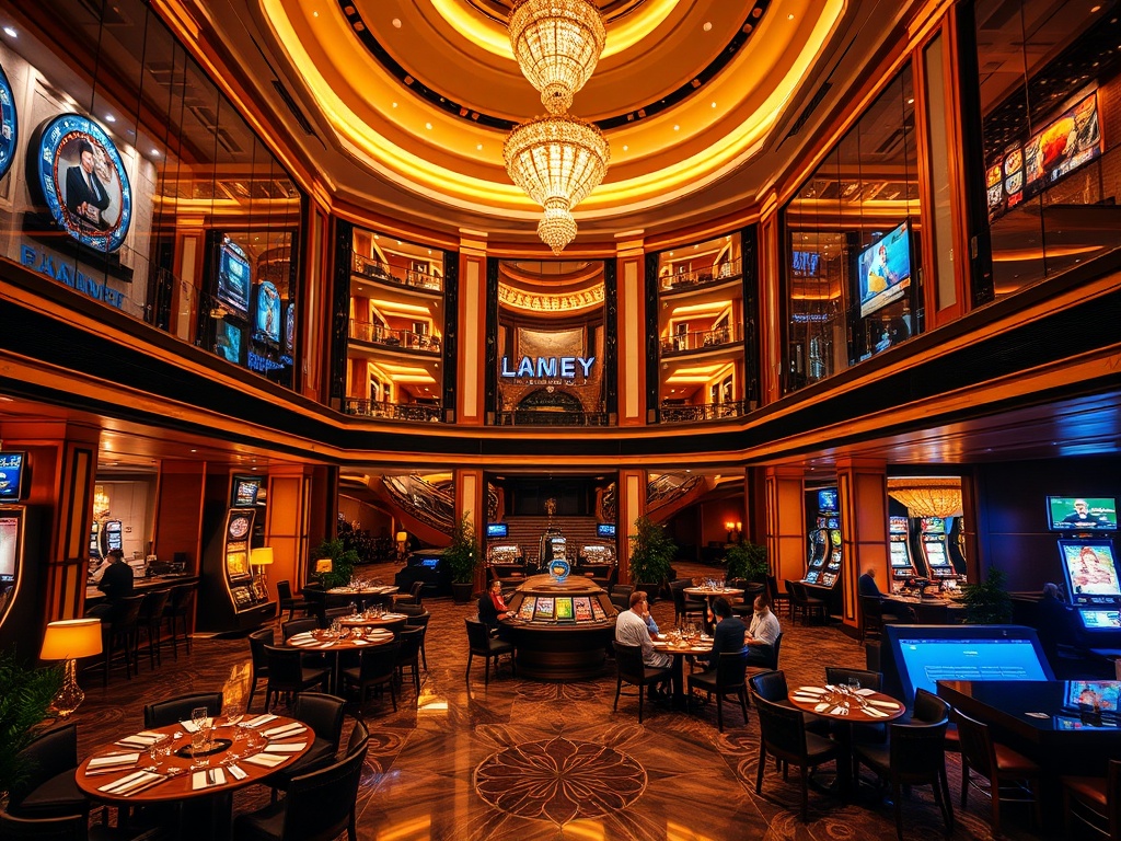 A luxurious casino hotel atrium at night, warm golden lighting, elegant guest suite window view, gourmet dining tables, sleek lounge bar ambiance, subtle entertainment glow, modern leisure area.