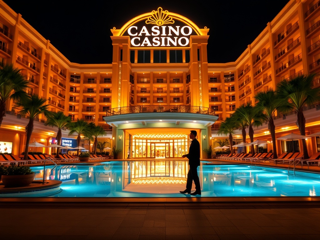 "Elegant casino hotel entrance at night, warm golden lights, glamorous resort pool, plush lounge chairs, attentive staff silhouette, inviting atmosphere." "Rich depth of field."