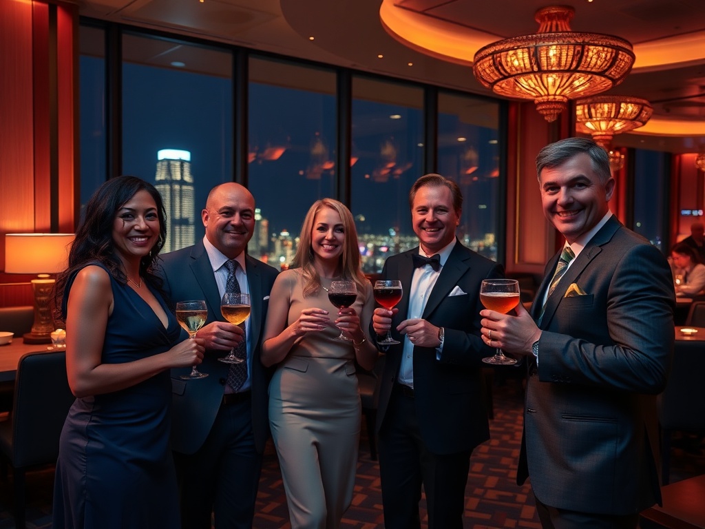 A warm, elegant casino hotel lounge at night; four well-dressed guests smiling; attentive staff presenting refreshments; soft lights, skyline views, lively ambiance.