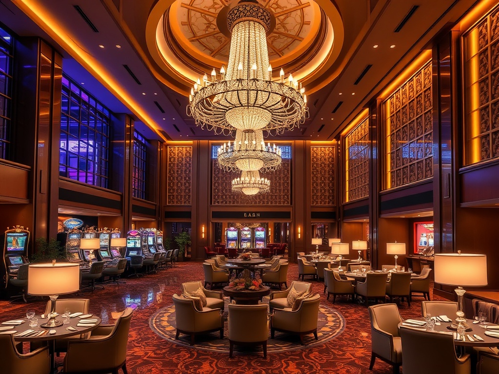 A luxurious casino hotel lobby blending “warm ambient light” “elegant lounge seating” “glimmering chandeliers” “subtle gaming atmosphere” “gold accents,” and “chef-plated cuisine” corner glow.