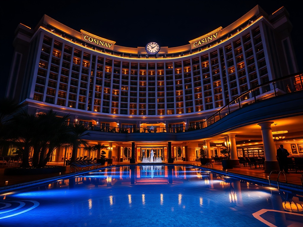 "Nighttime luxury casino hotel facade" "glowing resort pool" "elegant suite balcony" "warm gourmet dining lights" "welcoming concierge silhouette" in cinematic lighting.