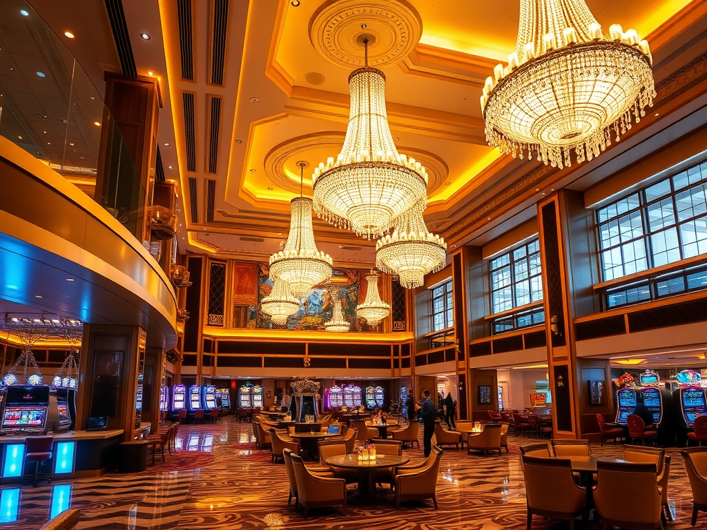 A luxurious casino hotel lobby with elegant chandeliers, plush seating, warm ambient lighting, modern leisure lounges, subtle gaming lights, tasteful decor, inviting guests.