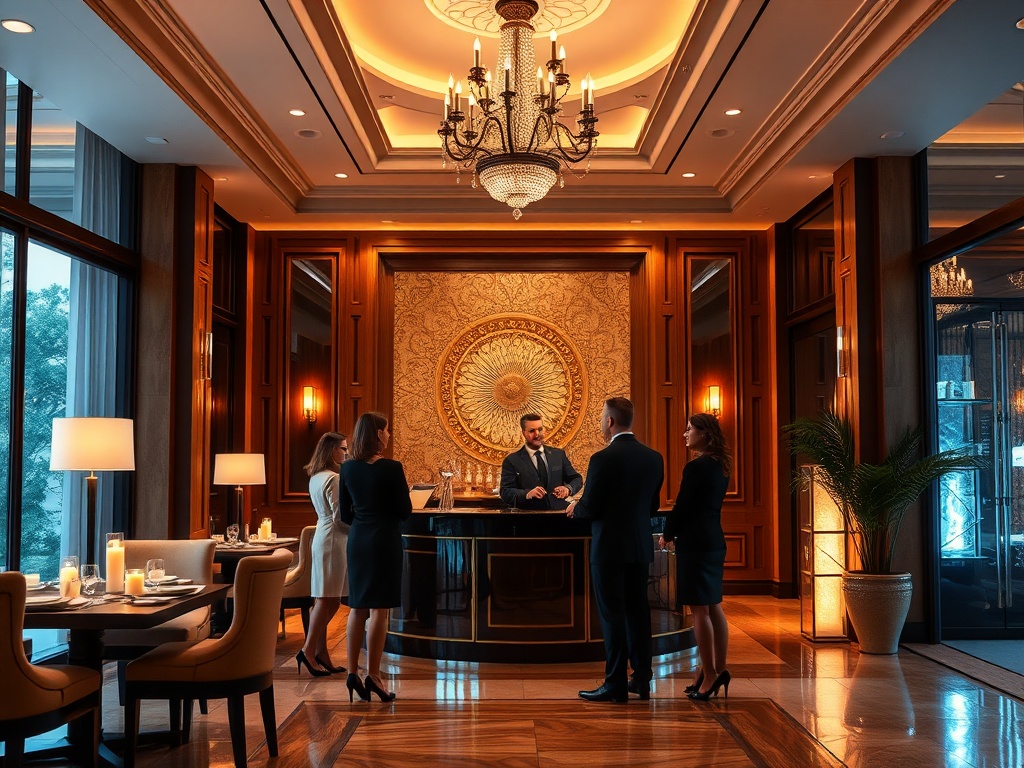 A warm hotel concierge greeting elegant guests in a luxurious lobby, with soft candlelit dining ambiance and serene spa glow blending.