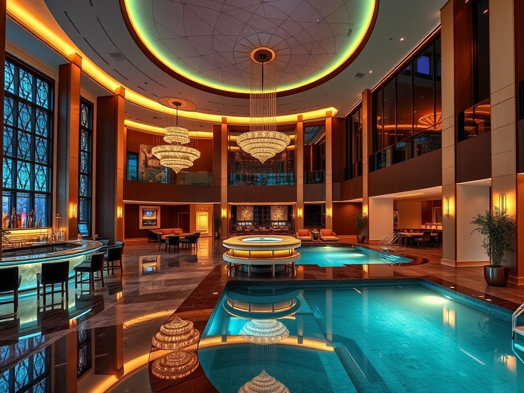 A contemporary casino hotel lobby blending “luxury” “relaxation” and “entertainment”, elegant suites, glowing bar, serene spa pool, warm hospitality, cinematic lighting.