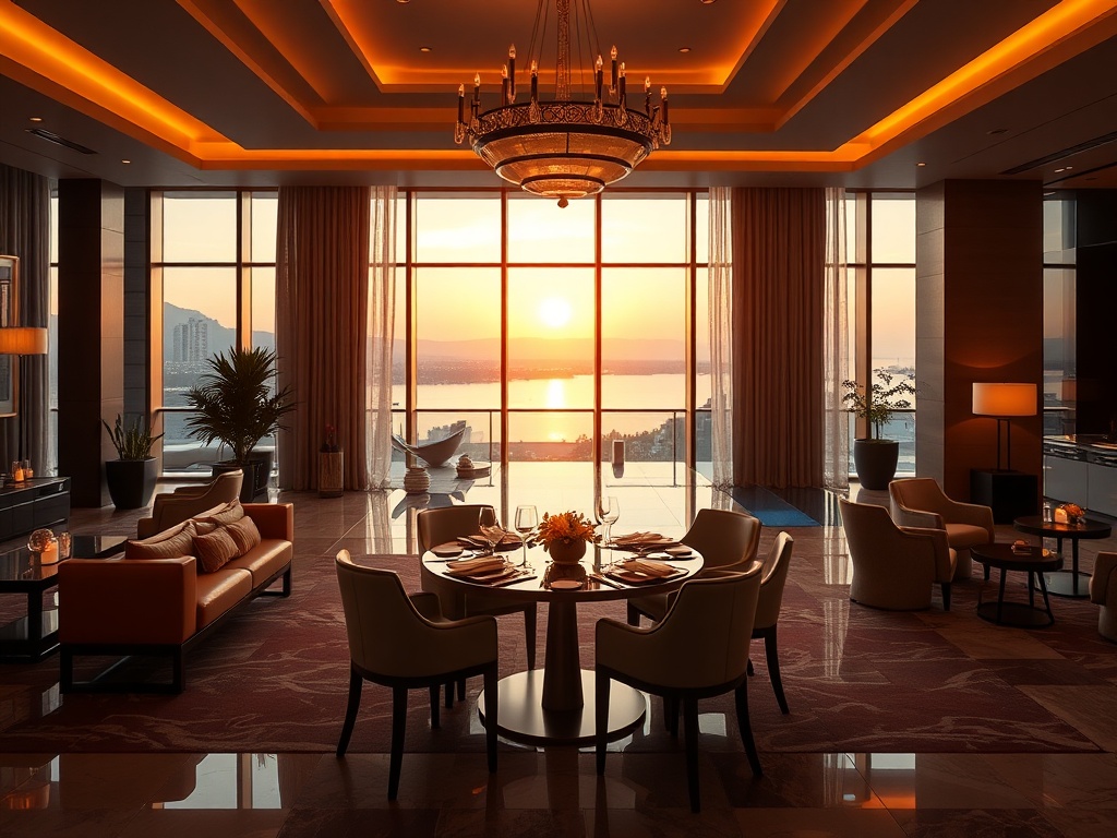 "modern casino hotel lobby lounge" "elegant suite window view" "gourmet dining table with warm glow" "serene spa pool" "luxury concierge ambiance"