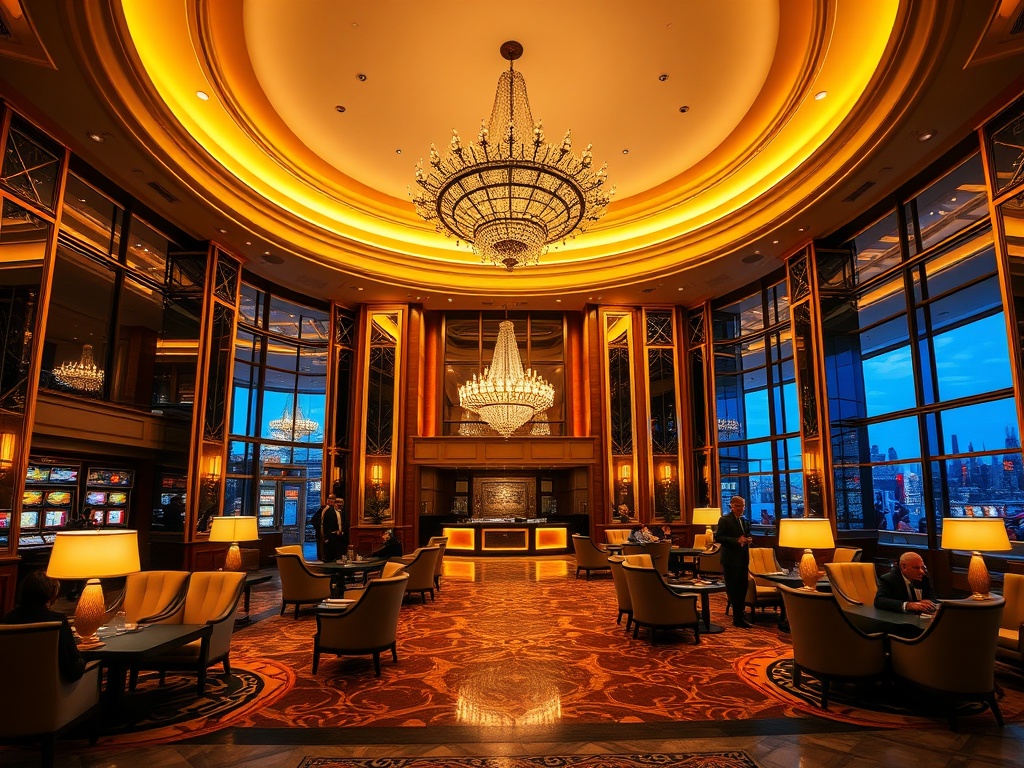 Opulent casino hotel lobby at dusk "golden warm lighting" "smiling concierge" "luxury seating" "subtle glowing displays" "guests relaxing" "elegant atmosphere".